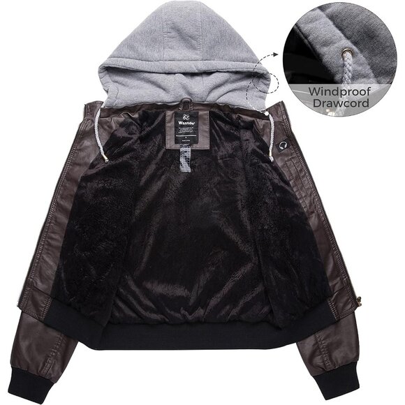 Wantdo Women Dark Brown Motorcycle Short Faux Leather Jacket with Removable Hood - Picture 3 of 7